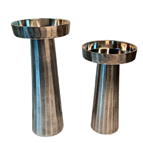 Silver Metal Black Etched Candleholders Set of Two Modern - Picture 11 of 11